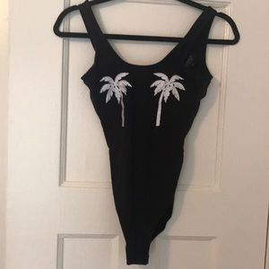 Palm Tree Print Black Body Suit